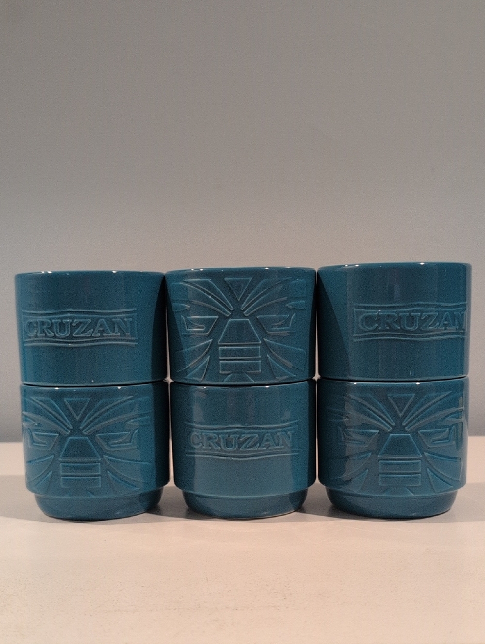 Set Of Six Ceramic Cruzan Rum Stackable Turquoise Tiki 10 Ounce Mugs - Picture 2 of 16
